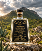 Una botella de cristal de MEZCAL JABALÍ de 750 ml, Edición Especial de Espíritu de Origen, con una etiqueta negra en la que aparece la ilustración de un jabalí, situado sobre una superficie rocosa frente a un paisaje montañoso.