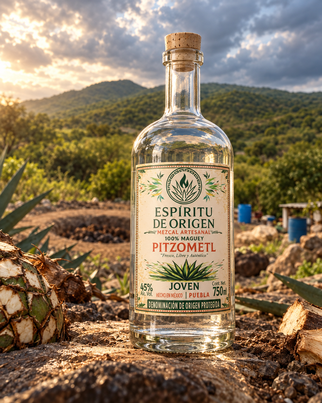Una botella de cristal transparente de Espíritu de Origen MEZCAL PITZOMETL, de 750 ml, se encuentra sobre un suelo rocoso en un campo de agaves, con unas colinas al fondo.