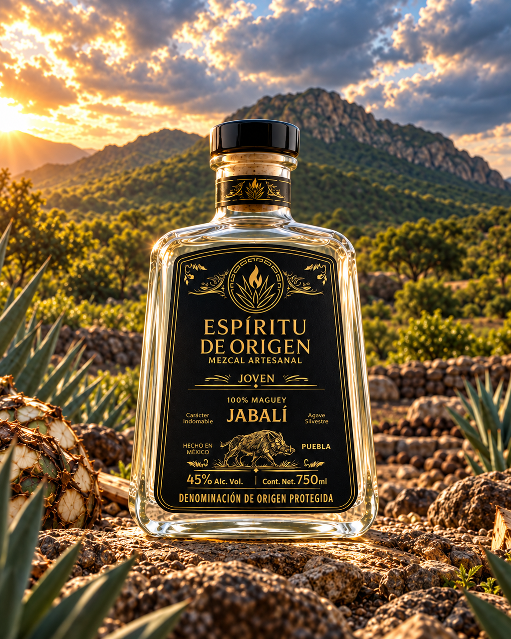 Una botella de 750 ml de Espíritu de Origen MEZCAL JABALÍ Edición Especial, con una etiqueta en la que aparece ilustrado un jabalí negro sobre un terreno rocoso, frente a unas plantas de agave y un paisaje montañoso al atardecer.