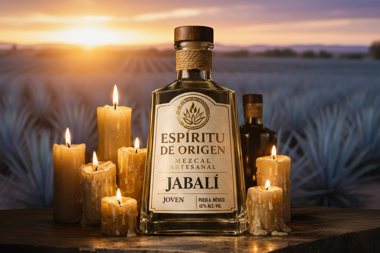 Una botella de Espíritu de Origen MEZCAL JABALI 750 ml descansa sobre piedra, bañada por el resplandor de velas derretidas sobre un fondo oscuro, creando una escena cálida y rústica que resalta este aguardiente de agave artesanal único.