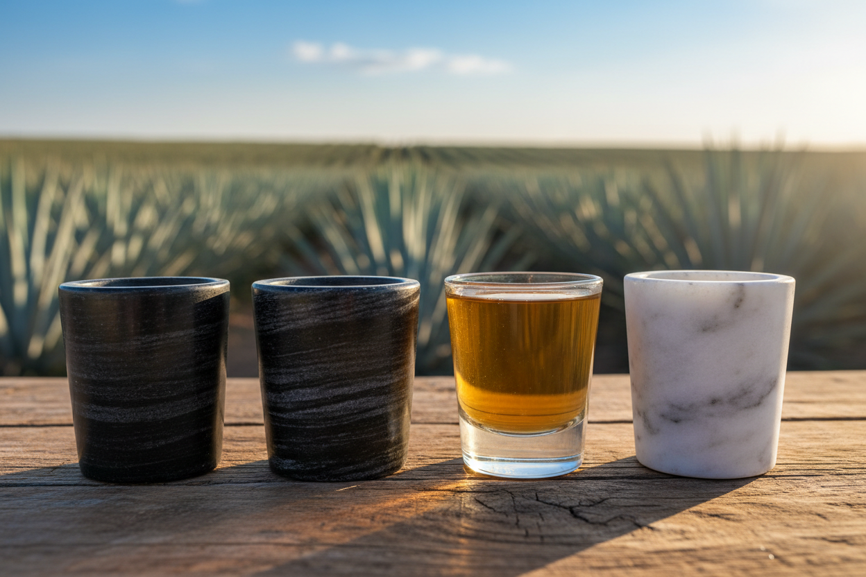 Cuatro SHOTS DE ÓNIX de Espíritu de Origen y un vaso transparente de líquido ámbar descansan sobre una superficie de madera al aire libre, enmarcados por un campo de agave y un cielo azul, ideales para una experiencia única de juego de chupitos.