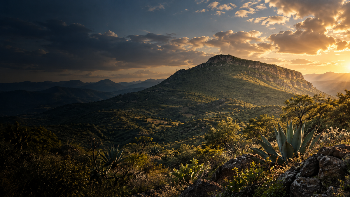 Paisaje de montañas y agaves al atardecer