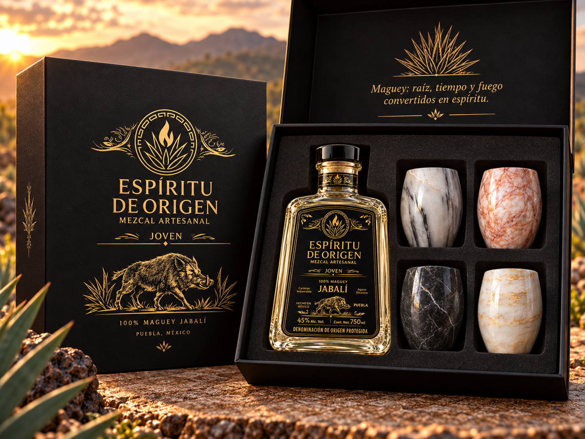 Una botella de Espíritu de Origen MEZCAL JABALÍ de 750 ml, Edición Especial, y cuatro chupitos de piedra, presentados en una caja de regalo negra.