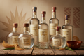 Siete botellas de Espíritu de Origen MEZCAL PITZOMEL 750 mL se exponen sobre una superficie de madera rústica con hojas y una copa de arcilla, sobre un fondo cálido con motivos solares y geométricos.