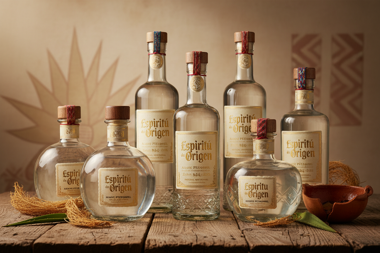 Siete botellas de Espíritu de Origen MEZCAL PITZOMEL 750 mL se exponen sobre una superficie de madera rústica con hojas y una copa de arcilla, sobre un fondo cálido con motivos solares y geométricos.