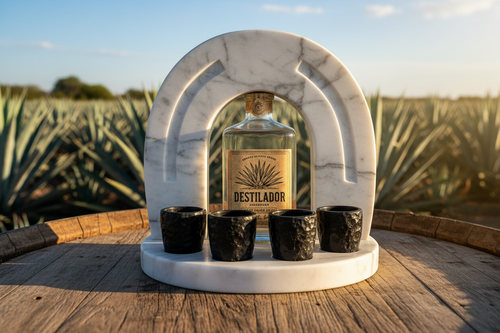Una botella de Espíritu de Origen Botella con base de mármol y cuatro vasos de chupito negros descansan sobre un soporte de mármol encima de un barril de madera, enmarcados por plantas de agave y un cielo despejado al fondo.