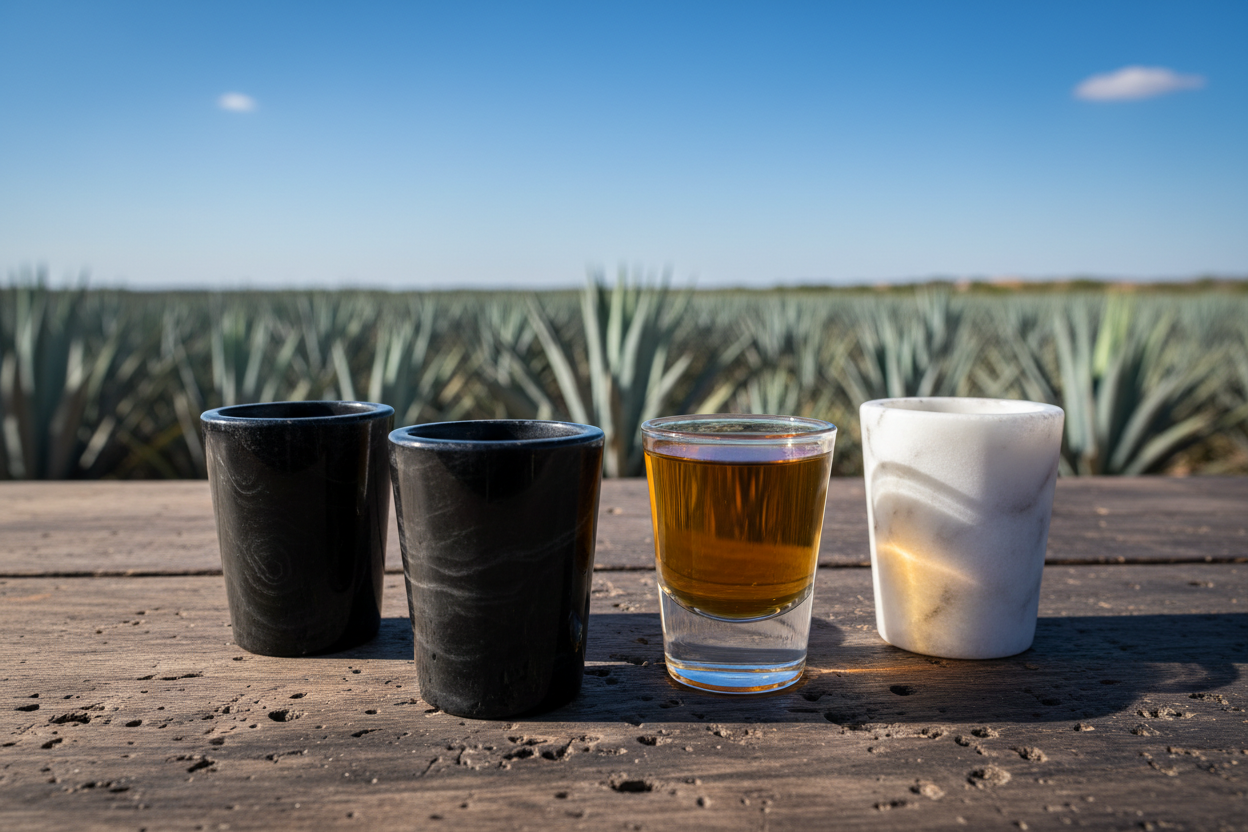 Cuatro SHOTS DE ÓNIX de Espíritu de Origen -en negro, blanco y transparente con ámbar- descansan sobre una mesa de madera al aire libre, enmarcados por un campo de agaves y un cielo azul.