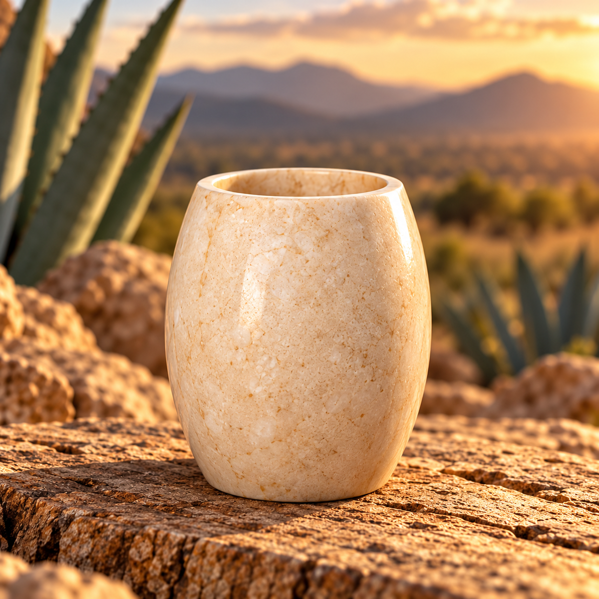 Vaso de ónix beige sobre piedra, con agaves al atardecer