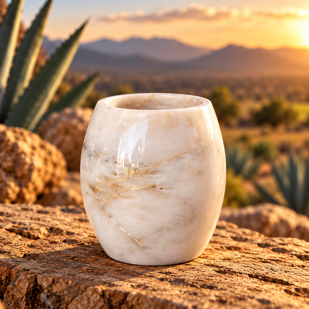Vaso de ónix blanco sobre piedra, con agaves al atardecer