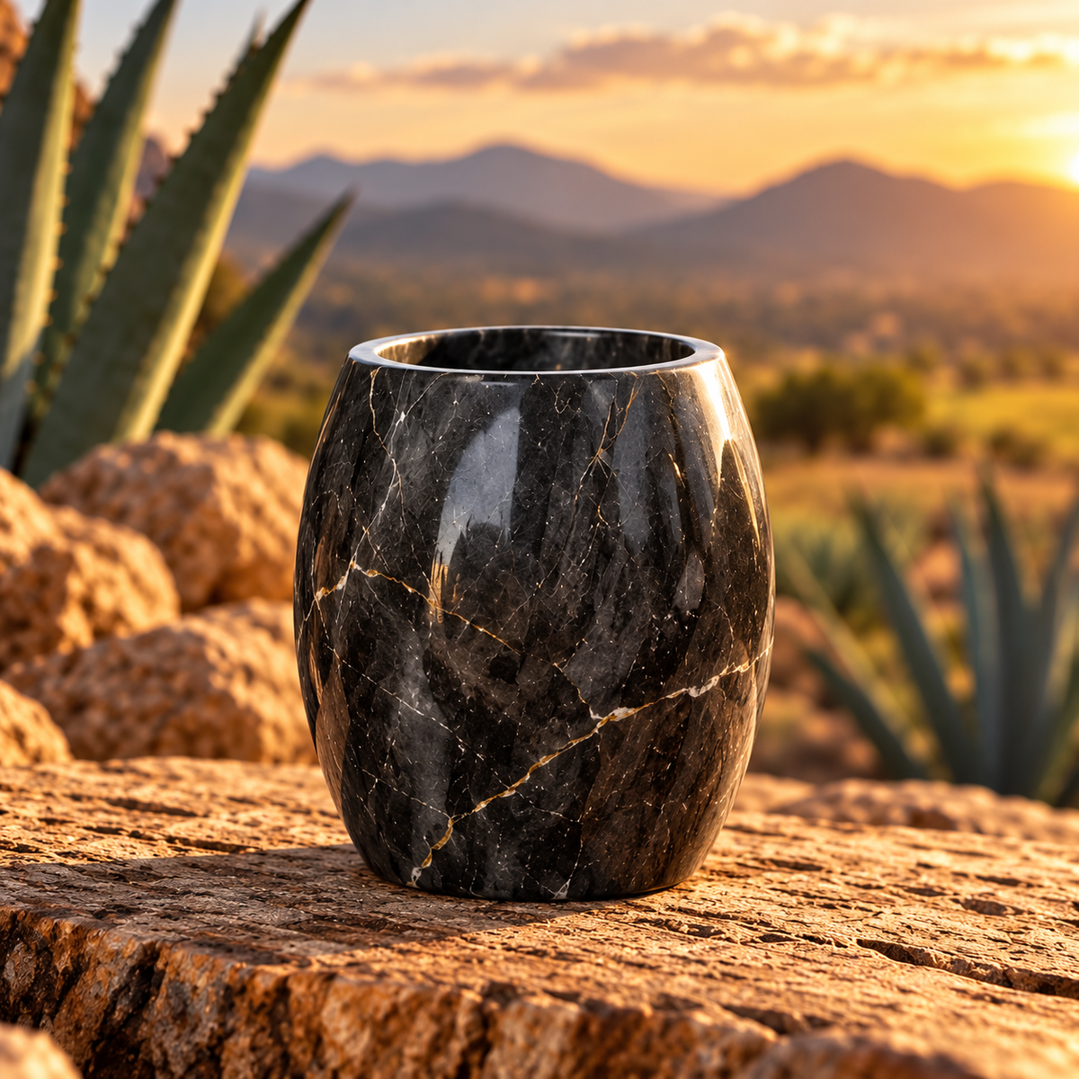 Vaso de ónix negro sobre piedra, con agaves al atardecer