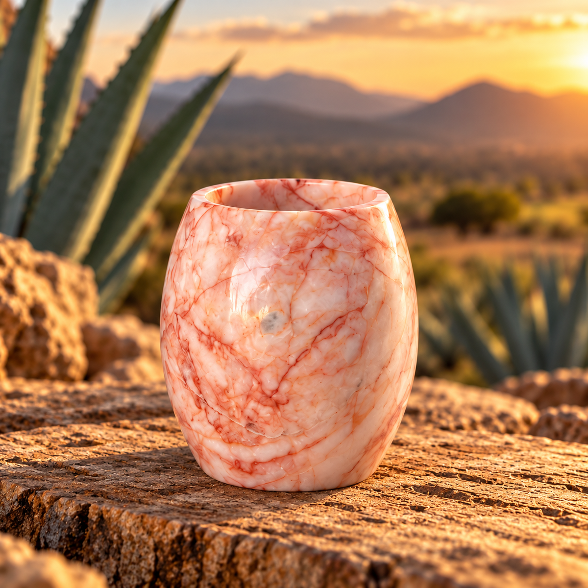 Vaso de ónix rosa sobre piedra, con agaves al atardecer